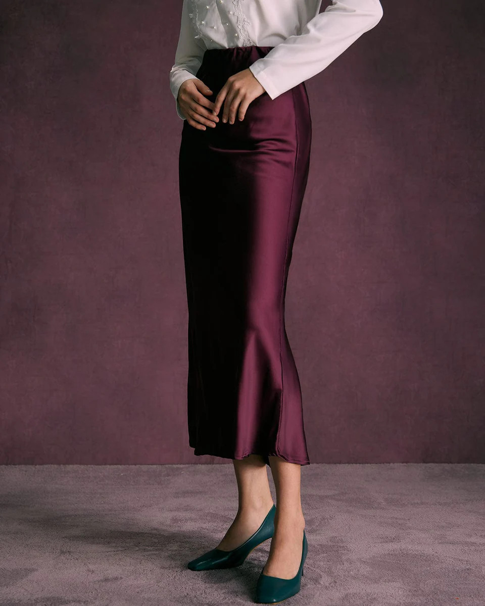 The Wine Red High Waisted Satin Midi Skirt & Reviews - Wine Red - Bottoms | RIHOAS | rihoas.com