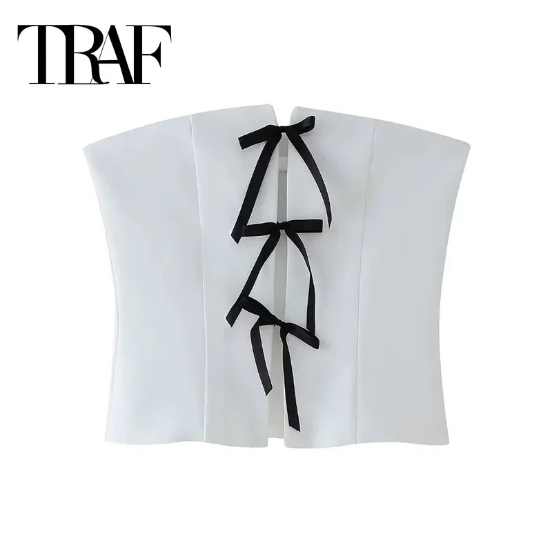 TRAF Female Bow Sleeveless White Crop Top Off Shoulder Tube Top Women Cut Out Strapless Sexy Tops... | AliExpress (US)