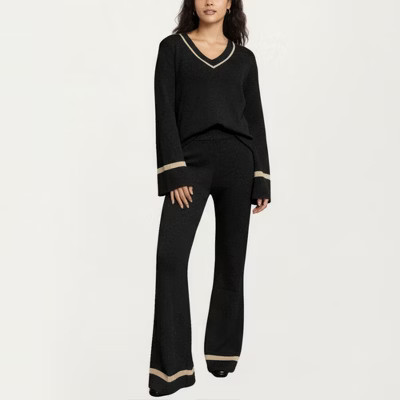 Anna-Kaci Women's 2-Piece Set Knit V-Neck Top and Flare Pants with Contrast Trim - Small, Black | Target