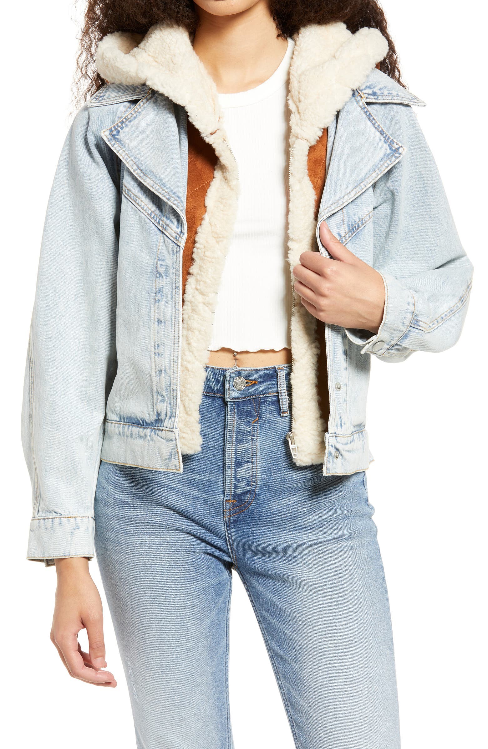 Women's Moto Denim Jacket with Removable Faux Fur Hood | Nordstrom