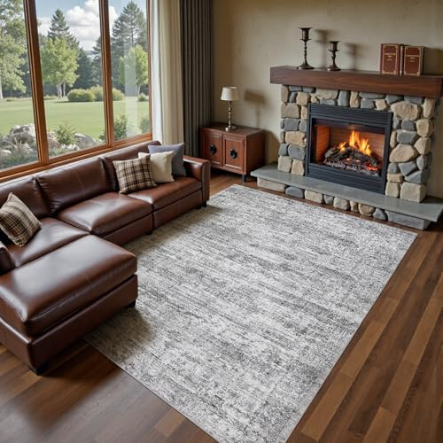 UERMEI 9x12 Area Rug Living Room Rugs - Washable Neutral Modern Abstract Soft Thin Rug Indoor Floor No Slip Rug Carpet for Bedroom Under Dining Table Home Office Decor - Light Gray | Amazon (US)