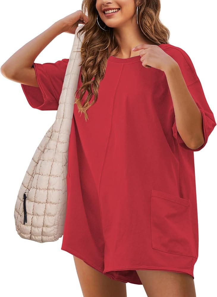 Women's Oversized Tee Rompers Hot Shot One Piece Short Sleeve Backless Jumpsuits V Neck Shorts Ov... | Amazon (US)