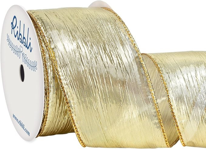 Ribbli Christmas Tree Ribbon-Champagne Gold Crinkled Wired Ribbon with Metallic Gold Edge, Christ... | Amazon (US)