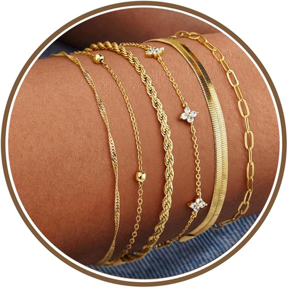M MOOHAM Gold Bracelets Set for Women, 14K Gold Plated Dainty Stackable Bracelets Stack for Women... | Amazon (US)