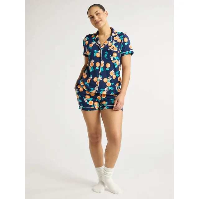 Joyspun Women’s and Women’s Plus Knit Notch Collar Top and Shorts Pajama Set, 2-Piece, Sizes ... | Walmart (US)