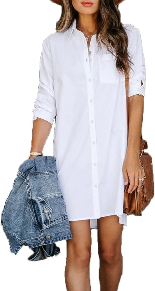 Vasitelan Women Casual Button Down Shirts Cotton Long Sleeve Blouses Tops with Pocket Mini Dress | Amazon (US)