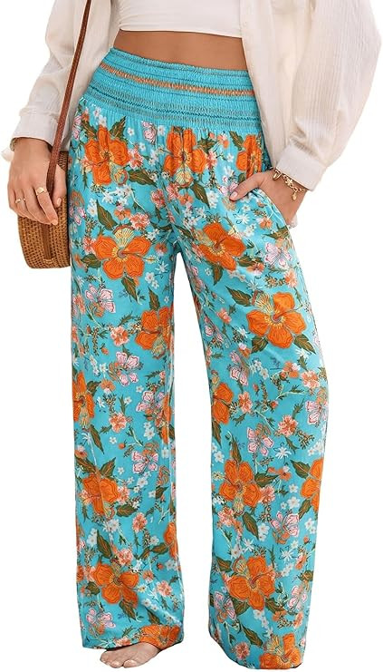 Dokotoo Women's Summer Boho Floral Bagyy Pants Wide Leg High Smocked Waist Casual Loose Palazzo P... | Amazon (US)