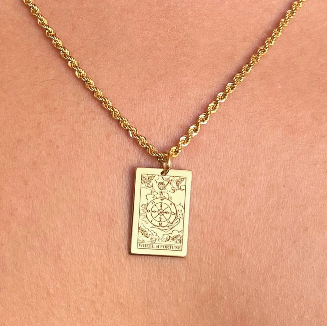 14K Gold Wheel of Fortune Necklace, Fortune Teller Pendant, Personalised Tarot Card Charm, Good L... | Etsy (US)