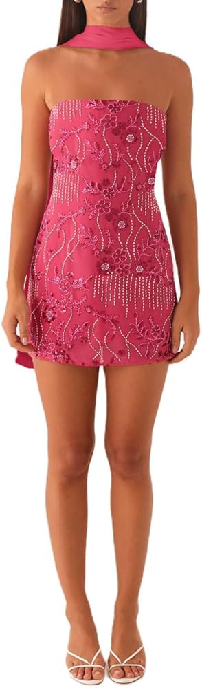 Women Sequin Beaded Strapless Dress Y2K Sparkle Glitter Tube Mini Dress Rhinestone Floral Sundres... | Amazon (US)