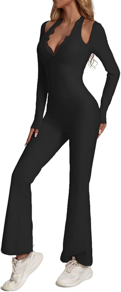 Women Workout Scrunch Flare Jumpsuits Lace Deep V Hanging Neck Halter Backless Butt Lift Gym Yoga... | Amazon (US)