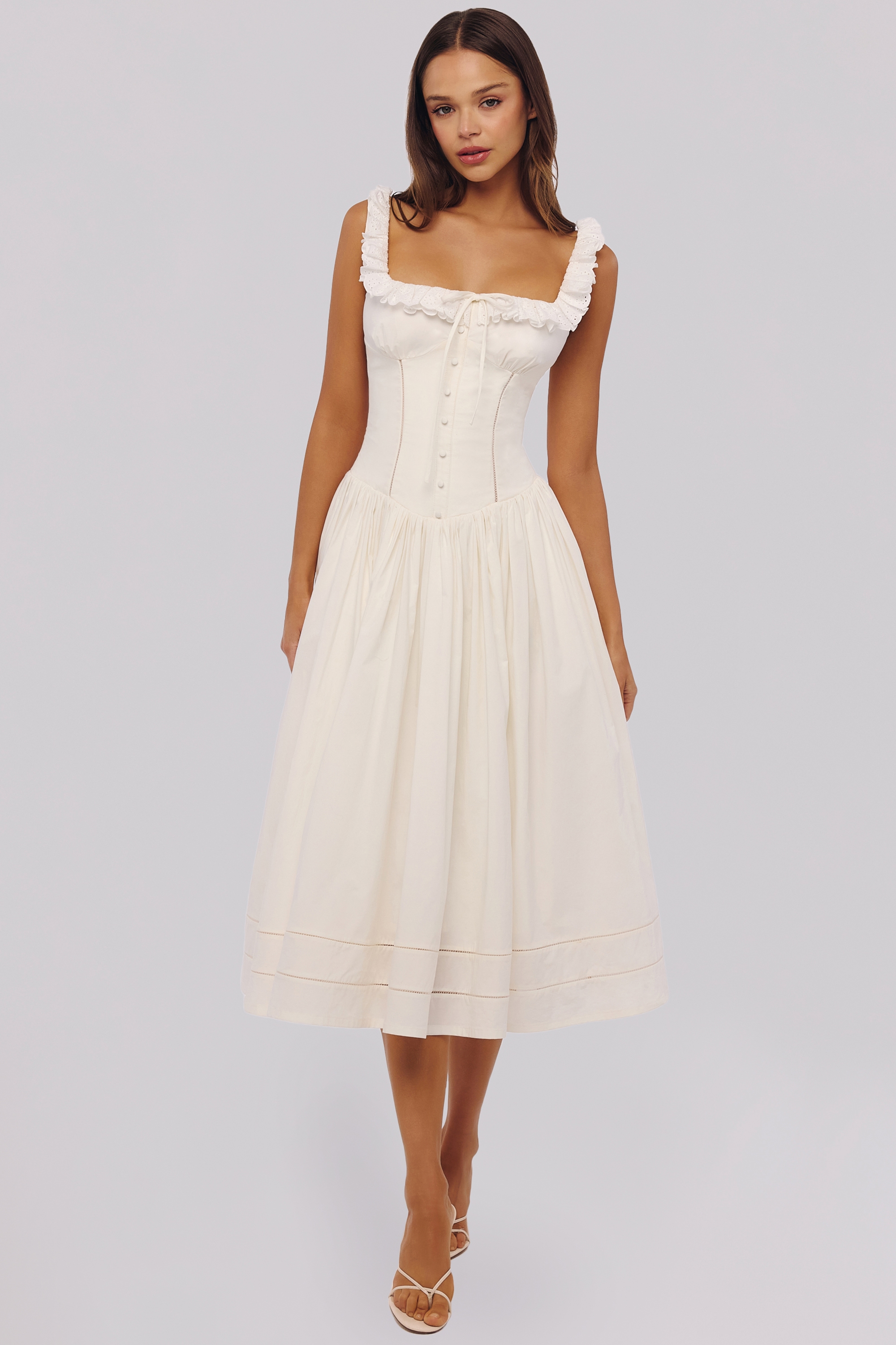 white cotton broderie anglaise trim midi dress | House of CB