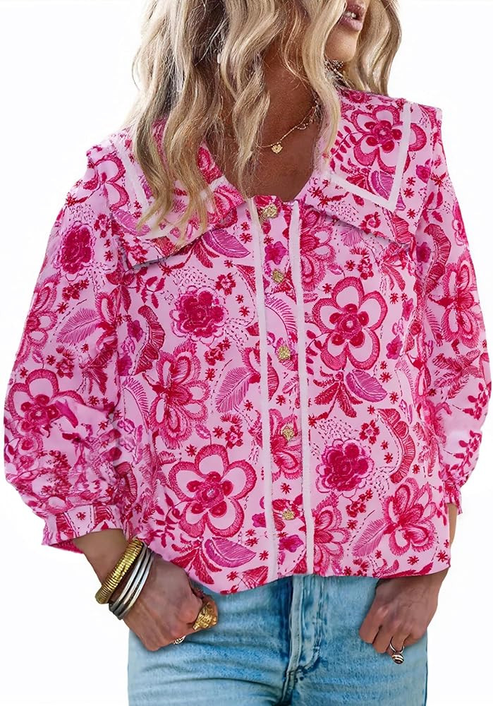 Cicy Bell Womens Floral Button Down Shirts Trendy Casual 3/4 Lantern Sleeve Blouse Square Neck Co... | Amazon (US)