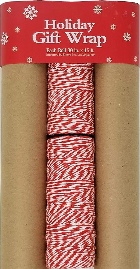 Kraft Wrapping Paper 3 Rolls + Red Bakers Twine – Classic Brown Holiday Gift Wrap – 102.5 sq ... | Amazon (US)