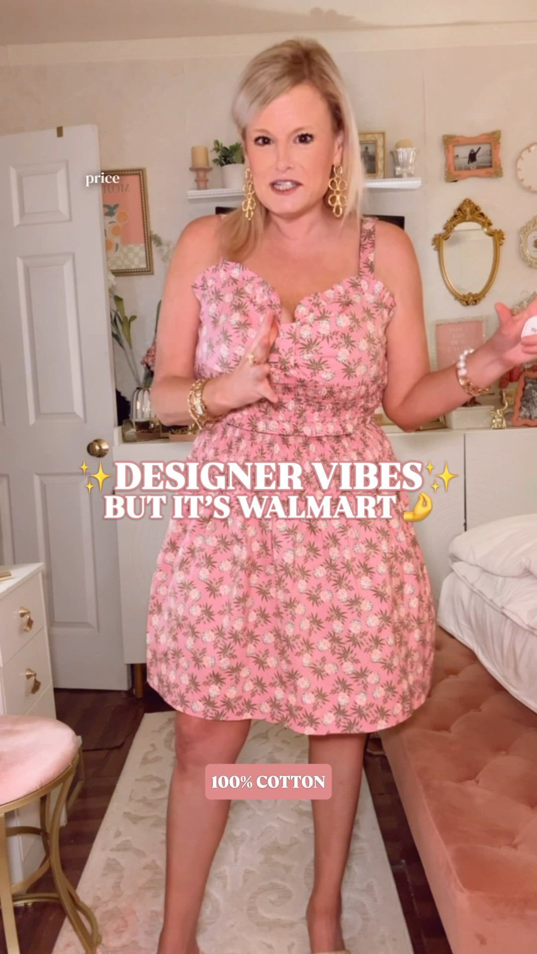 Walmart summer dress | Free Assembly dress | designer vibes on Walmart | cotton mini dress | preppy summer outfit

Designer vibes on Walmart is exactly right for this new Free Assembly mini dress.

The silhouette is what sells it: sweetheart bustier-style neckline, ruffle detail, smocked waist, adjustable straps, tiered skirt, back zipper, and the sweetest pink pineapple print. It has that feminine summer dress shape that looks way more expensive than the Walmart price.

The straps are adjustable and bra strap friendly. The fabric is cotton with stretch, so it feels breathable and easy for hot weather. 

I sized up to a large for the bust, but I probably could have done the medium. I would call it true to size unless you want extra room through the chest.

This is the dress you pull for summer brunch, vacation dinners, beach town shopping, lake weekends, resort days, date night outfits, baby showers, bridal showers, graduation parties, church, summer parties, and every warm weather plan on your calendar. 

Style it with gold sandals, white sandals, raffia slides, pearl earrings, a straw tote, wedges, or a denim jacket.

If you love Walmart fashion finds, Free Assembly dresses, sweetheart neckline dresses, smocked waist dresses, pink summer dresses, pineapple print dresses, cotton summer dresses, vacation dresses, date night outfits, preppy summer outfits, and designer looks for less, this is the Walmart dress to get before it sells out. 

Walmart summer dress, Walmart dress, Walmart fashion finds, Walmart style, Free Assembly dress, Free Assembly mini dress, cotton mini dress, cotton summer dress, pink summer dress, pineapple print dress, sweetheart neckline dress, bustier dress, smocked waist dress, adjustable strap dress, bra friendly dress, vacation dress, date night outfit, summer outfit, summer dresses women, preppy summer outfit, designer look for less

#LTKFindsUnder50 #LTKFindsUnder100 #PreppyStyle #LookForLess #WalmartStyle #WalmartFinds #WeddingGuestDress

#LTKWedding #LTKSeasonal #LTKTravel