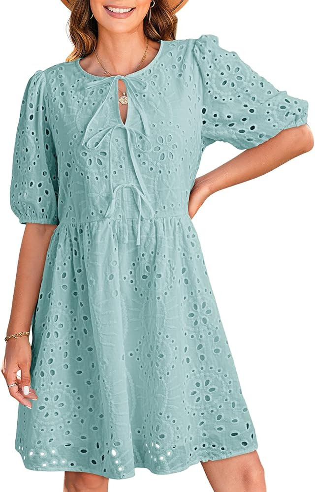 Dokotoo Summer Dresses for Women 2025 Tie Front V Neck Short Puff Sleeve Hollow Out Lace Wedding ... | Amazon (US)