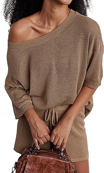 Ekouaer Women 2 Piece Outfits Sweater Sets Off Shoulder Knit Pajama Set 3/4 Sleeve Tops Drawstrin... | Amazon (US)