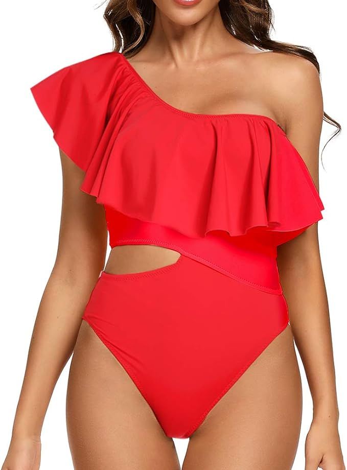 Dixperfect Women's Cutout Ruffled One Shoulder One Piece Swimsuit Bathing Suit Monokini Padded | Amazon (US)