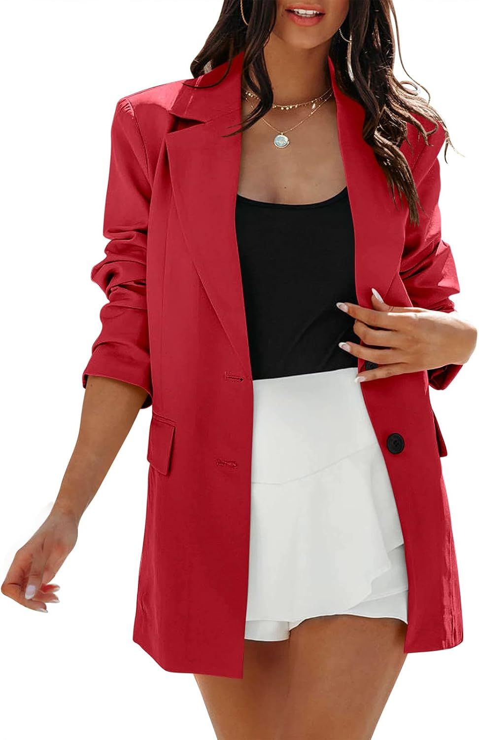 ANRABESS Women's Casual Button Long Sleeve Lapel Open Front Pad Shoulder Office Blazer Jacket Wor... | Amazon (US)