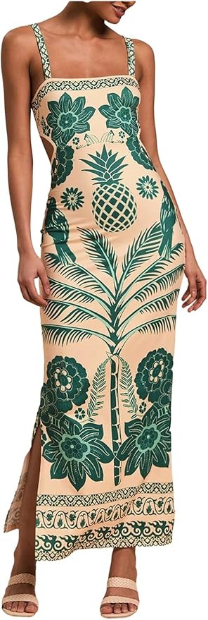 Floerns Women's Tropical Bow Tie Back Long Dress Sleeveless Split Vacation Maxi Dress | Amazon (US)