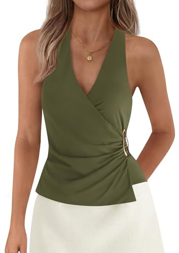 PRETTYGARDEN Womens Halter Top 2026 Spring Tie Wrap Sleeveless Ruched V Neck Fitted Summer Tops B... | Amazon (US)