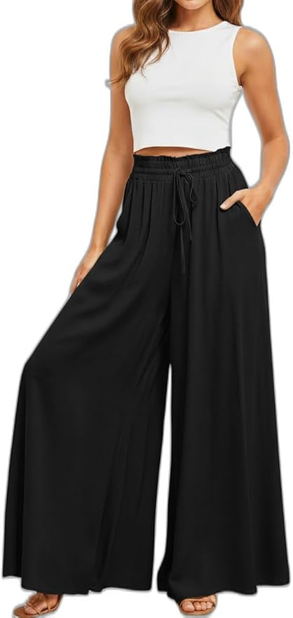 Women's High Waisted Wide Leg Pants/Skort Casual Flowy Paperbag Waist Maxi Trousers with Pockets | Amazon (US)