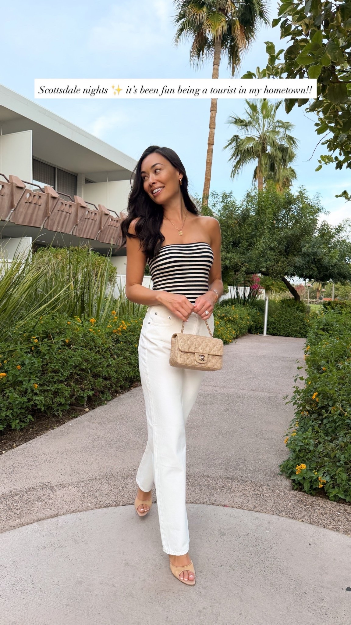 Scottsdale outfit, spring outfit, date night outfit, Kat Jamieson style, white jeans, size down in these jeans! Neutral mule heels. 

#LTKstorytime #LTKSeasonal #LTKootd
