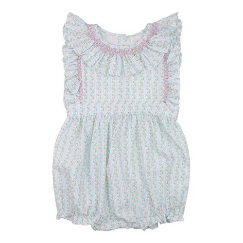 Pink And Green Vintage Floral Smocked Ruffle Bubble | Cecil and Lou