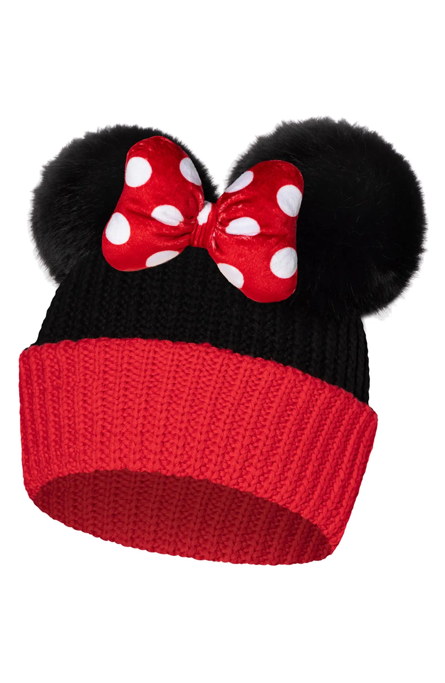 x Disney Minnie Mouse Bow Colorblock Faux Fur Pompom Beanie | Nordstrom