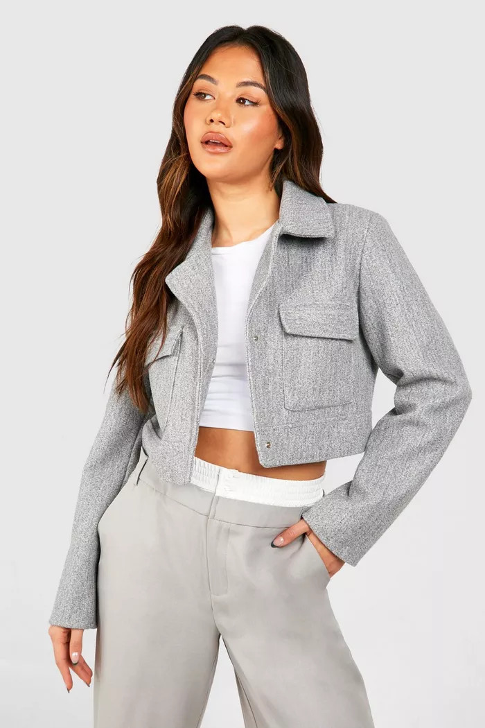 Asymmetric Crop Wool Look Jacket | boohoo (US & Canada)