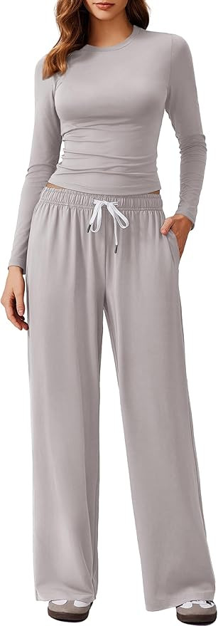 PINSPARK Women 2 Piece Lounge Set Long Sleeve Cropped Top Wide Leg Pants with Pockets 2024 Fall O... | Amazon (US)