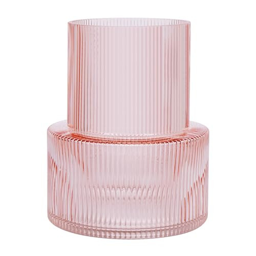 Glass Vase Pink Vase for Flowers, Ribbed Glass Vase Large Modern Flower Vase Fluted Clear Vase for Centerpieces, Living Room, Bedroom, Dinning Table, Entryway, Office | Amazon (US)