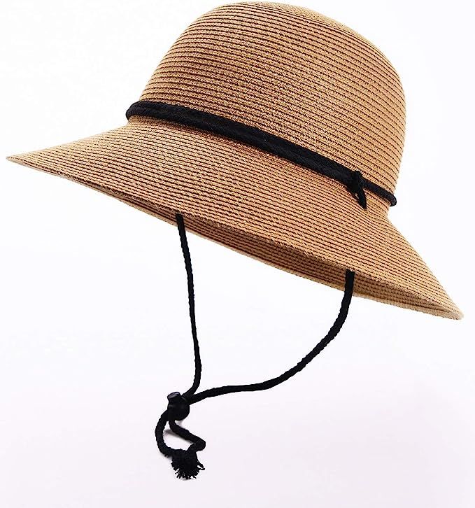 Womens Wide Brim Sun Hat with Wind Lanyard UPF Summer Straw Sun Hats for Women | Amazon (US)