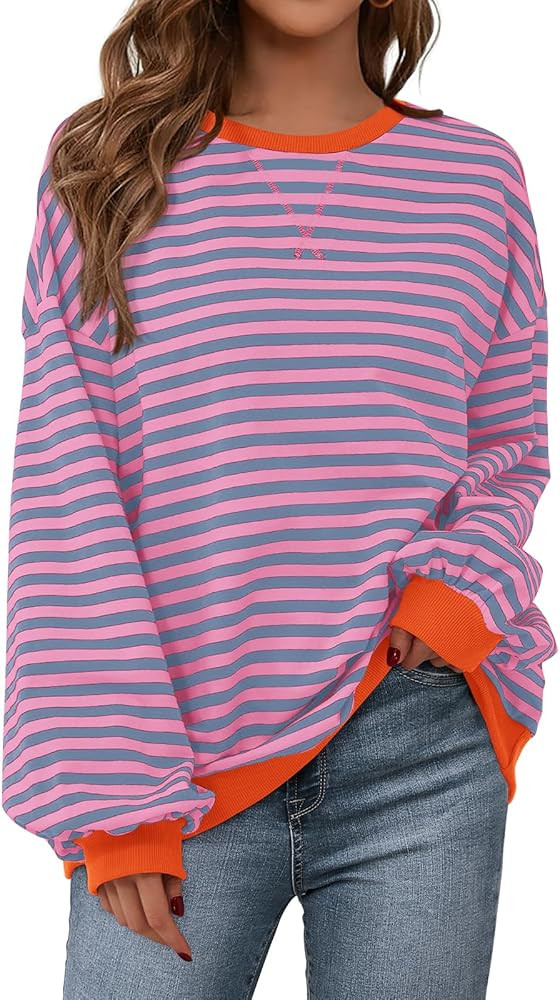 PRETTYGARDEN Womens Striped Oversized Sweatshirt Color Block Crew Neck Long Sleeve Casual Loose P... | Amazon (US)