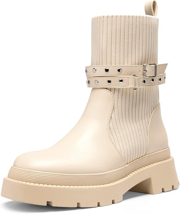 DREAM PAIRS Women's Lug Sole Platform Mid Calf Boots Slip On Chunky Ankle Booties | Amazon (US)