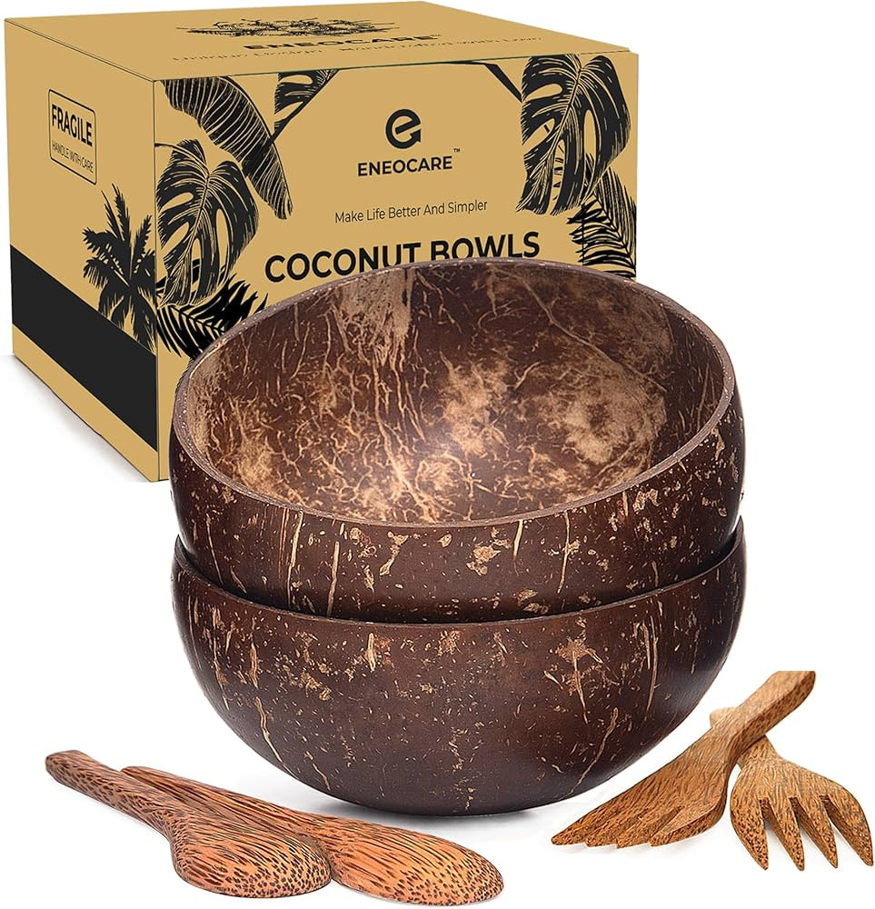 Set of 2 Natural Coconut Bowls and Wooden Spoon Sets | Organic Reusable Eco-friendly Smoothie Bow... | Amazon (US)