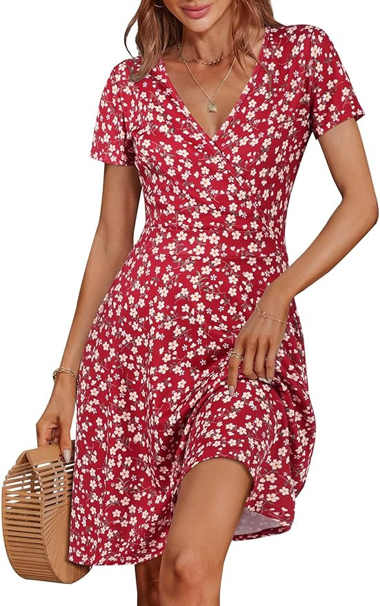 MSBASIC Womens Short Sleeve Wrap V Neck Summer Casual Midi Dress with Pockets | Amazon (US)