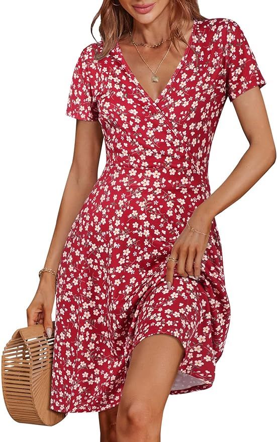 MSBASIC Womens Short Sleeve Wrap V Neck Summer Casual Midi Dress with Pockets | Amazon (US)