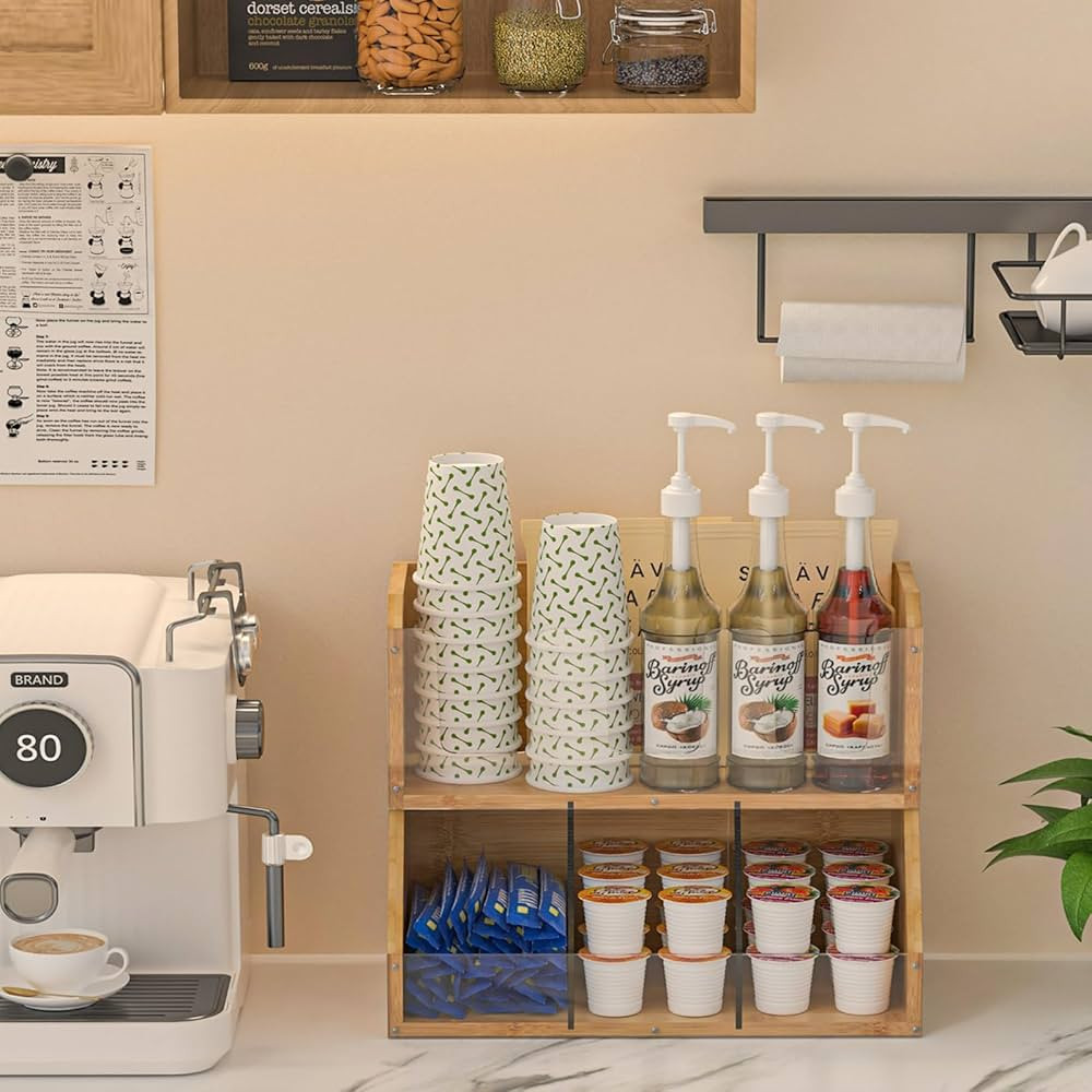 Coffee Station Organizer, 2 Tier Bamboo Coffee Bar Accessories Organizer for Countertop, Coffee a... | Amazon (US)