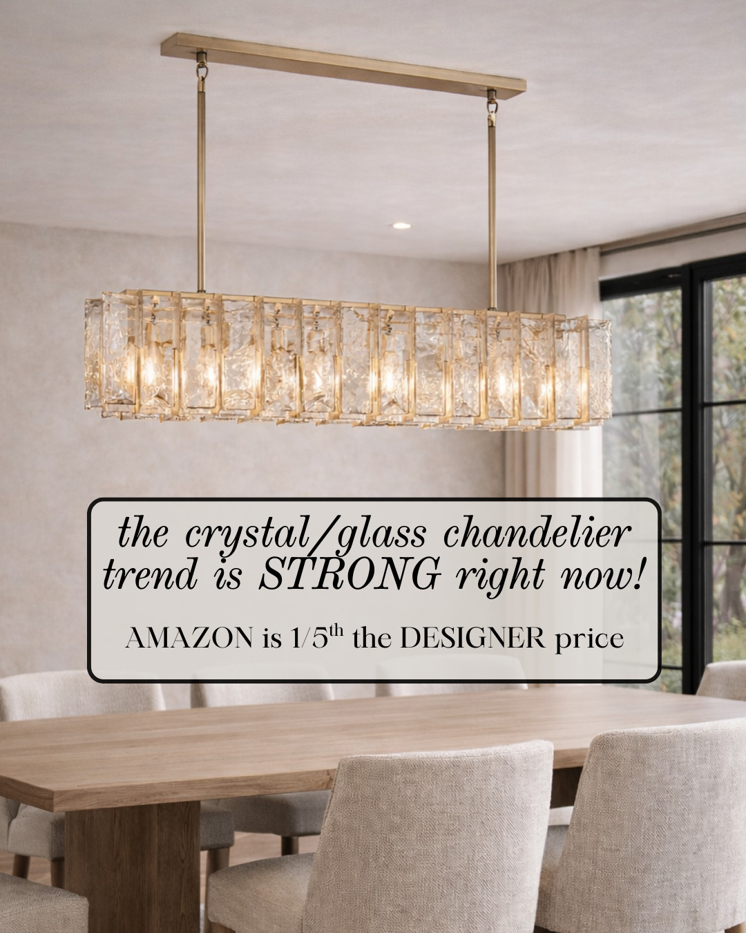 Trending Now — CRYSTAL GLASS CHANDELIER ! The CRYSTAL / GLASS CHANDELIER trend is STRONG right now and this one delivers that high-end glow without the designer markup. Clean lines, warm brass, and textured glass make it a true STATEMENT PIECE over a dining table or kitchen island. Amazon is about 1/5 of the designer price — same look, major savings.

#Amazon #TheHillaryStyle #AmazonHome #DesignerLookForLess #LuxuryForLess #DiningRoomInspo #LightingTrend #CrystalChandelier #ModernLuxury #HomeUpgrade 

 #LTKU #LTKOver40 #LTKHome