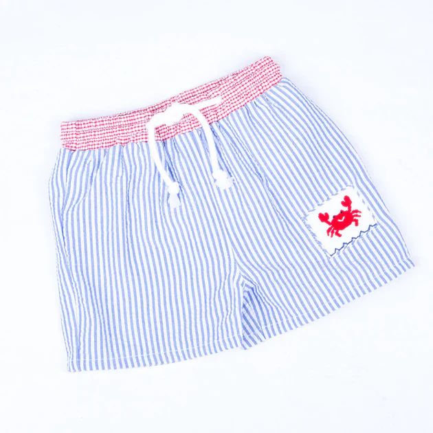 Crab Smocked Light Blue Stripe Swim Trunks | Classic Whimsy