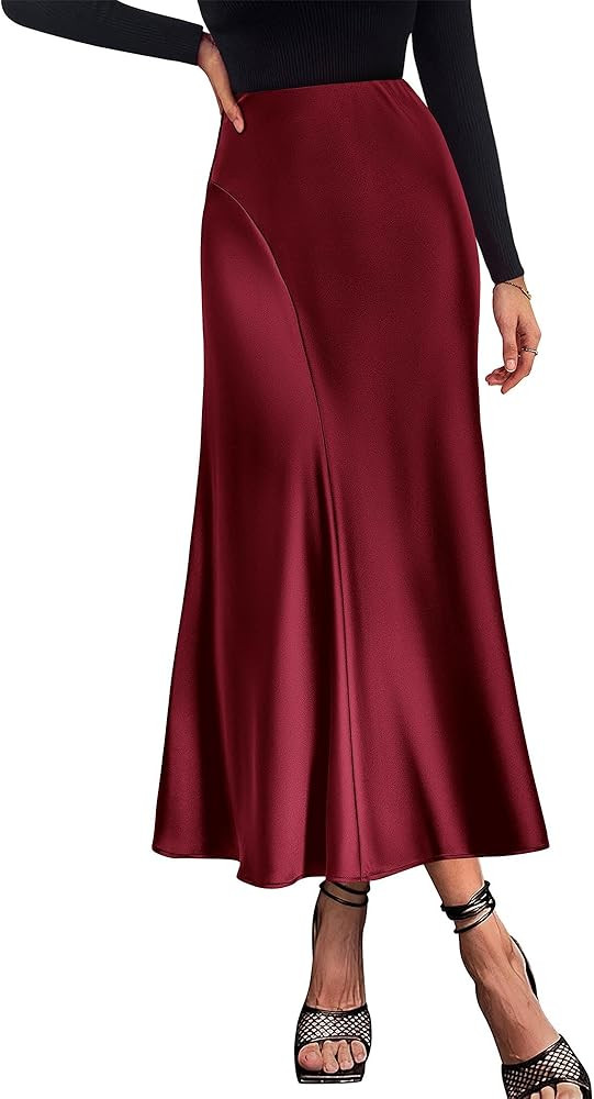 KIRUNDO Women's Satin Elastic High Waisted Maxi Skirt 2024 Trendy Summer Fall Silky A-Line Casual... | Amazon (US)