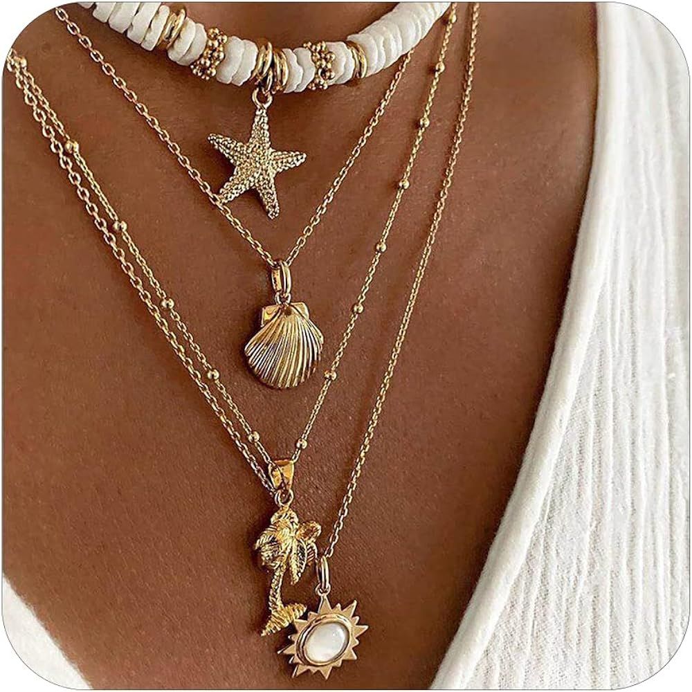HUASAI Beach Charm Necklace for Women Summer Starfish Shell Necklace Layered Beachy Necklaces Sur... | Amazon (US)