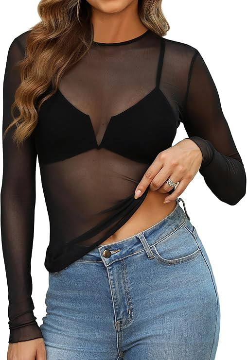 OFEEFAN Womens Mesh Tops Lace Long Sleeve Shirts Crewneck Slim Fitted Outfits See Through Blouses | Amazon (US)