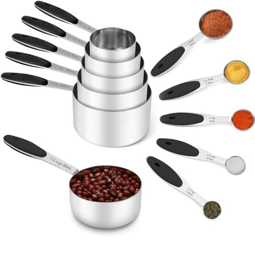 Joyhill Stainless Steel Measuring Cups and Spoons Set of 10 Piece, Nesting Metal Measuring Cups Set with Soft Touch Silicone Handles for Dry and Liquid Ingredients, Cooking & Baking (Black) | Amazon (US)