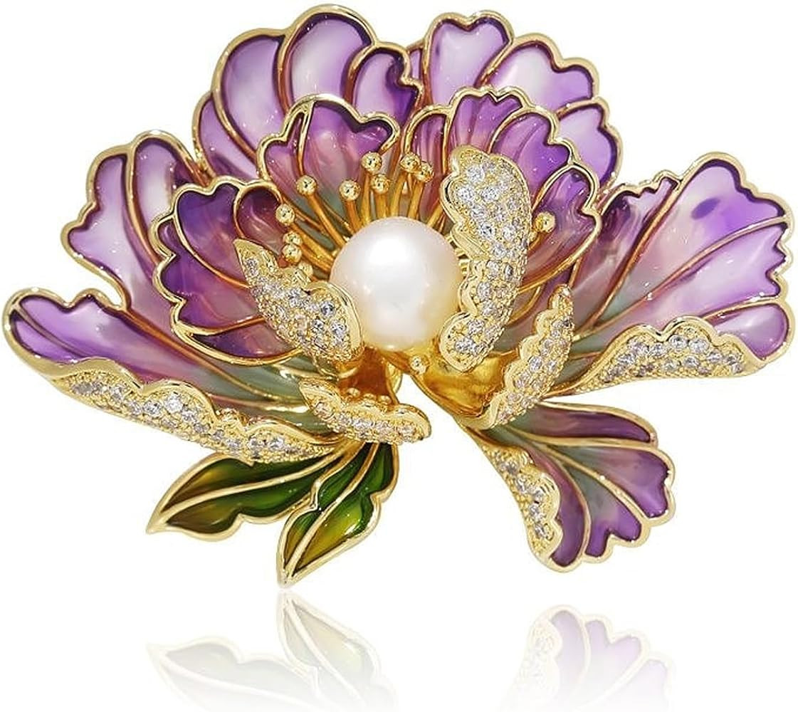 Amazon.com: Dainty Flower Brooch Pins for Women Graceful Cubic Zircon Peony Pearl Enamel Badges L... | Amazon (US)