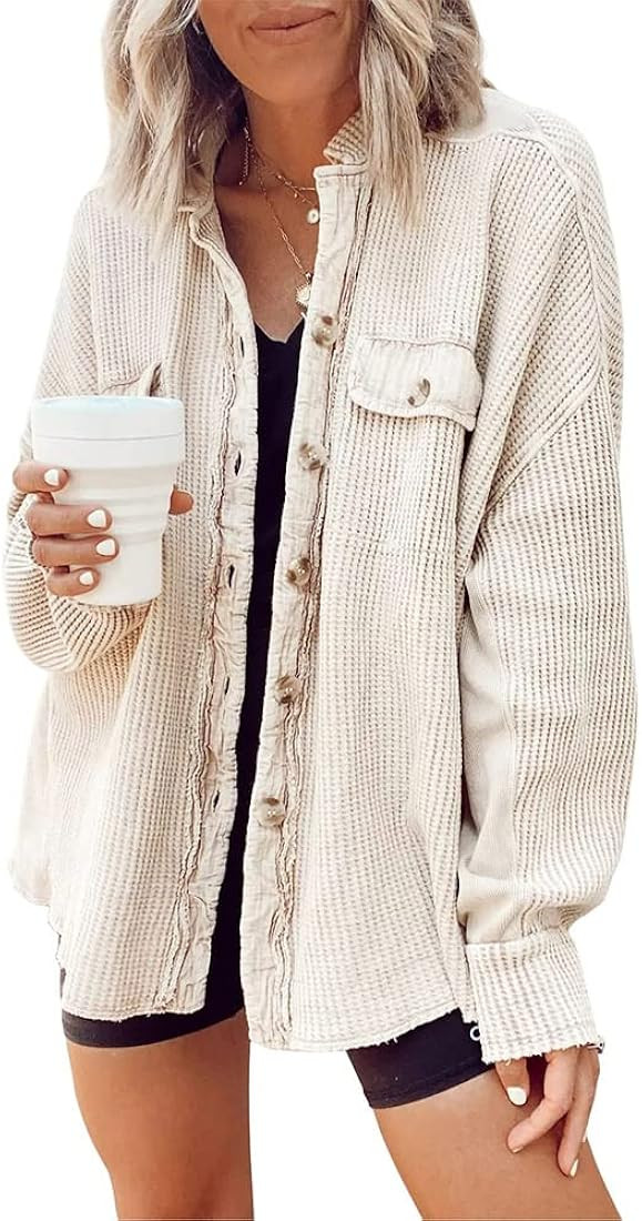 utcoco Women's Casual Waffle Knit Shacket Jacket Loose Fit Long Sleeve Button Down Shirt Shacket ... | Amazon (US)