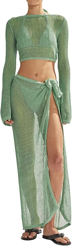 LANNEW Women's Swimsuits Cover Ups Set for Crochet Bathing Suit Hollow Out 2 Piece Bikini Coverup... | Amazon (US)