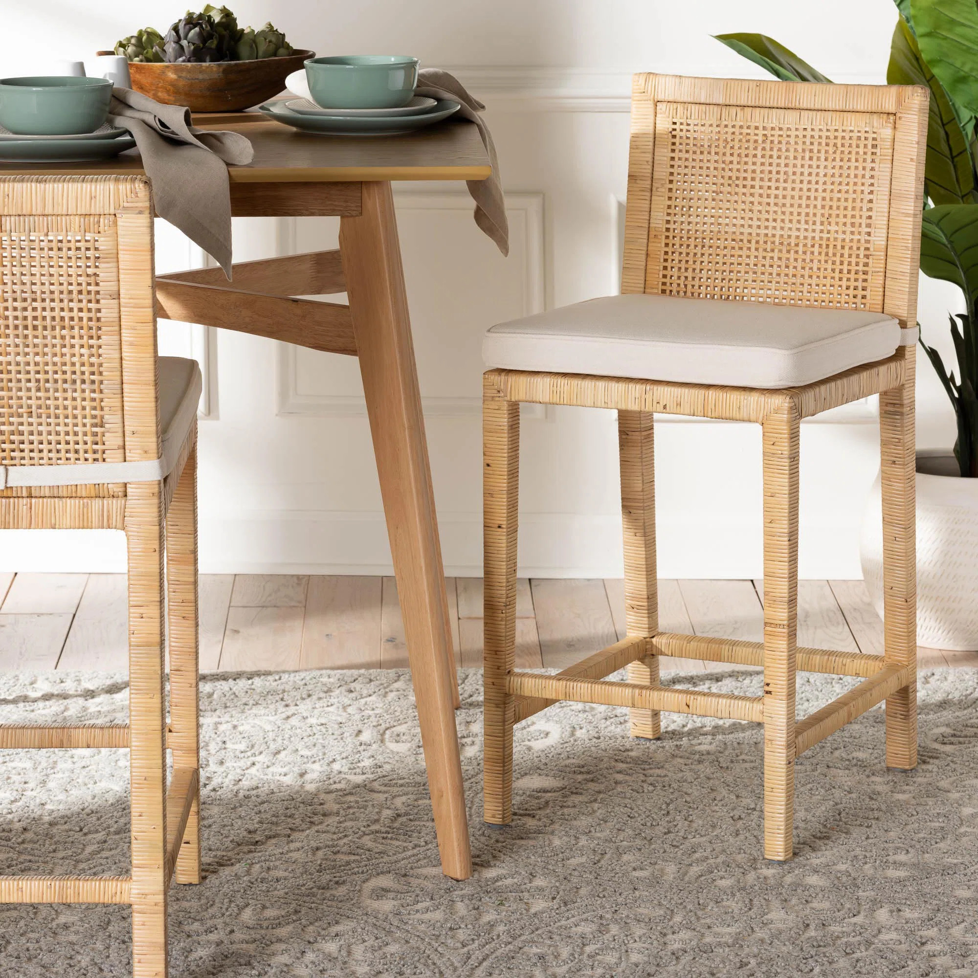 Sofia Modern and Contemporary Natural Wood and Rattan Counter Stool | Wayfair North America
