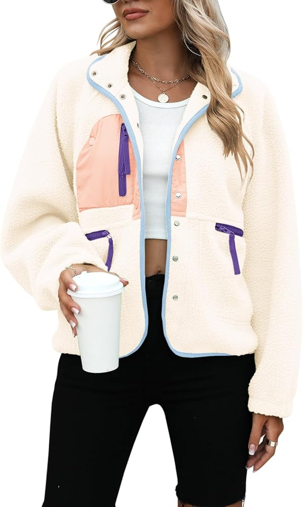 Yanekop Womens Fleece Jacket Fuzzy Long Sleeve Short Winter Coats Button Down Sherpa Jacket Outer... | Amazon (US)