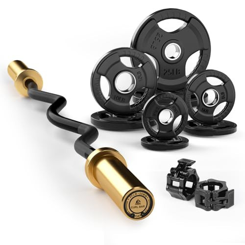 LIONSCOOL Golden Sleeves EZ Curl Bar with 85lb Rubber Coated Grip Plate Set with Barbell Clamps | Amazon (US)